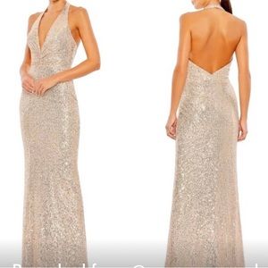 Ieena for Mac Duggal Rose Gold Sequined Halter Backless V-Neck Gow…